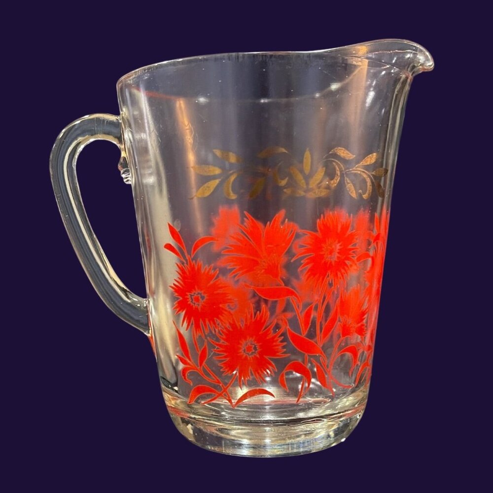Vintage Hazel Atlas Red & Gold Floral Glass Serving Pitcher Mid-Century 1950s